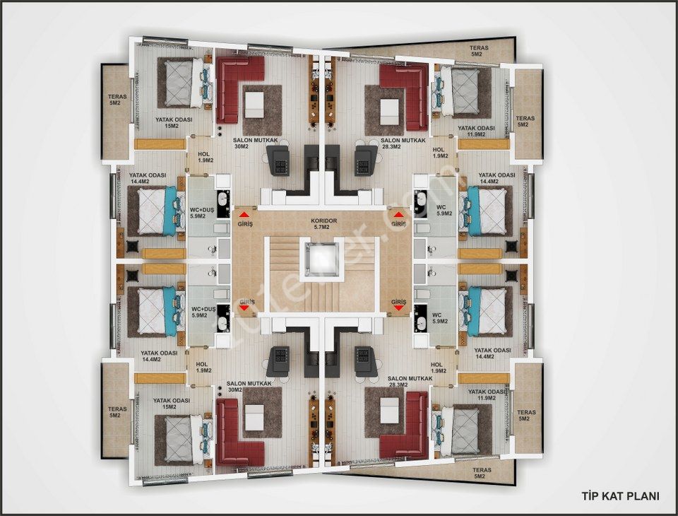 YEKİKENT'TE  ÜST KALİTE 2+1 (85m2) ASANSÖRLÜ TÜRK KOÇANLI DAİRELER