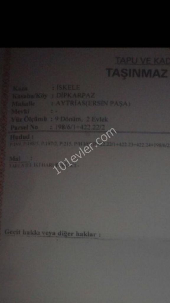 Sahibinden Dipkarpazda Villa İmarlı 9 dönüm 2 evlek Arsa %35 İmarlı Kat Sayısı 2