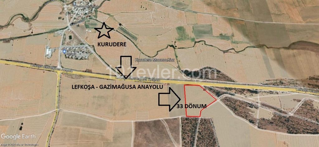 GAZİMAĞUSA KURUDERE' DE SATILIK 33 DÖNÜM ARAZİ