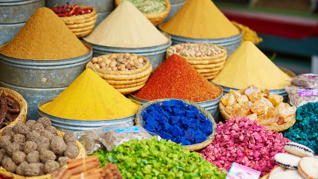 Colorful spices in a spice bazaar.