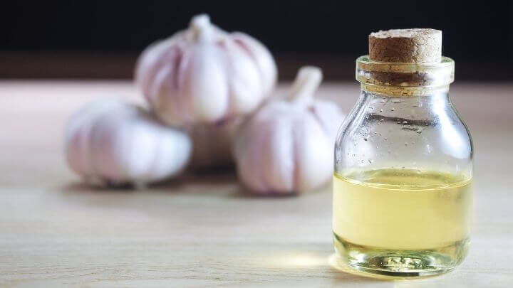 Garlic extract in a small glass bottle with garlic in the background