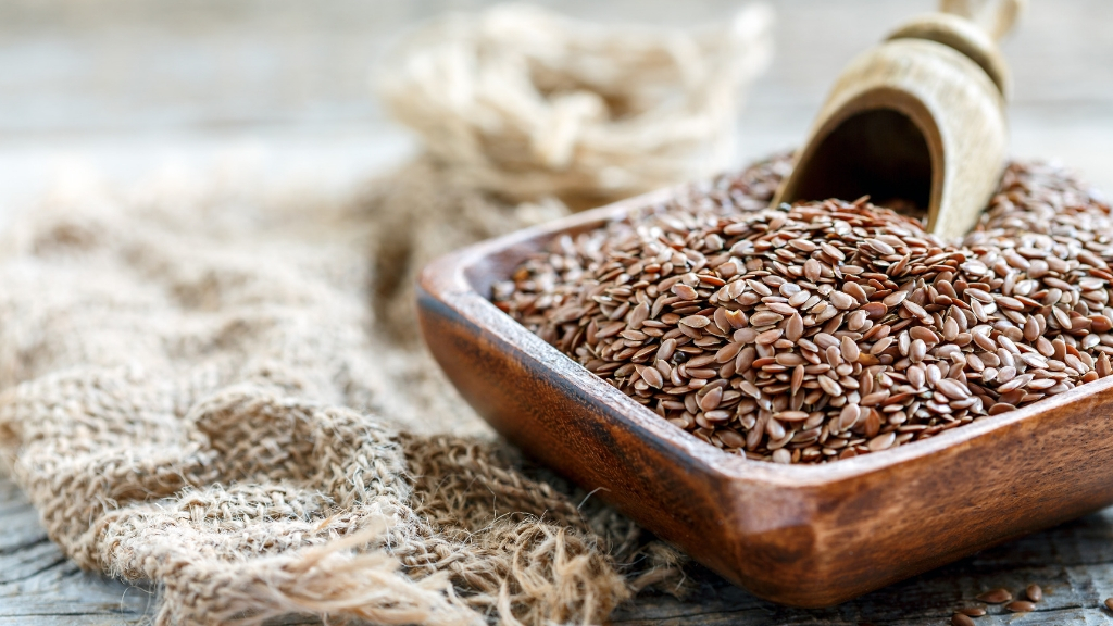 Flaxseed in a wooden bowl