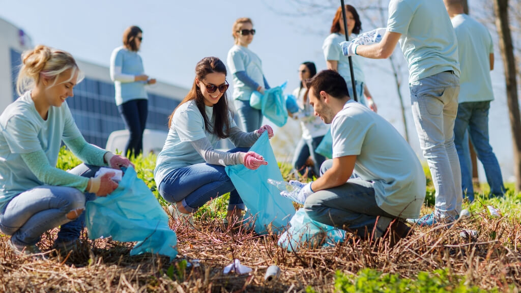 Group of people participating in a land cleaning effort.