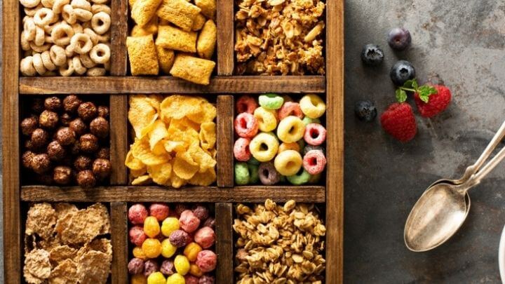 Sugary cereals in wooden container