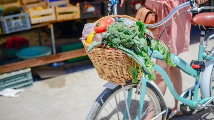 Woman shopping at farmers market with her bike