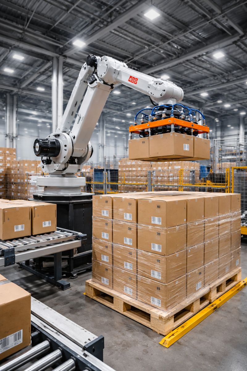 Robotic palletizer with safety guarding, perimeter fencing, and interlocked access in warehouse
