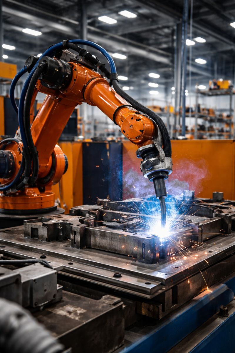Robotic welding cell with safety guarding, welding curtains, and fume extraction