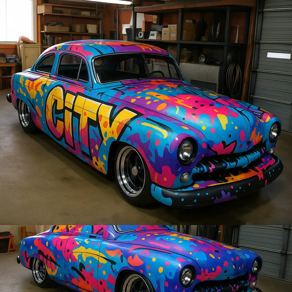 After: Matte black classic in a garage → graffiti wrap