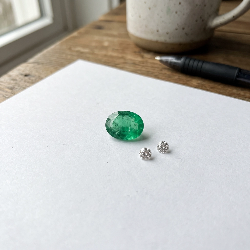 Antes: Foto de celular de uma esmeralda e dois diamantes