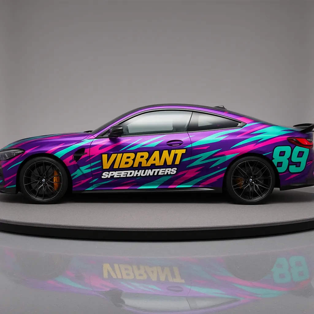 After: Purple coupe → full graphic race wrap with number and sponsor lettering