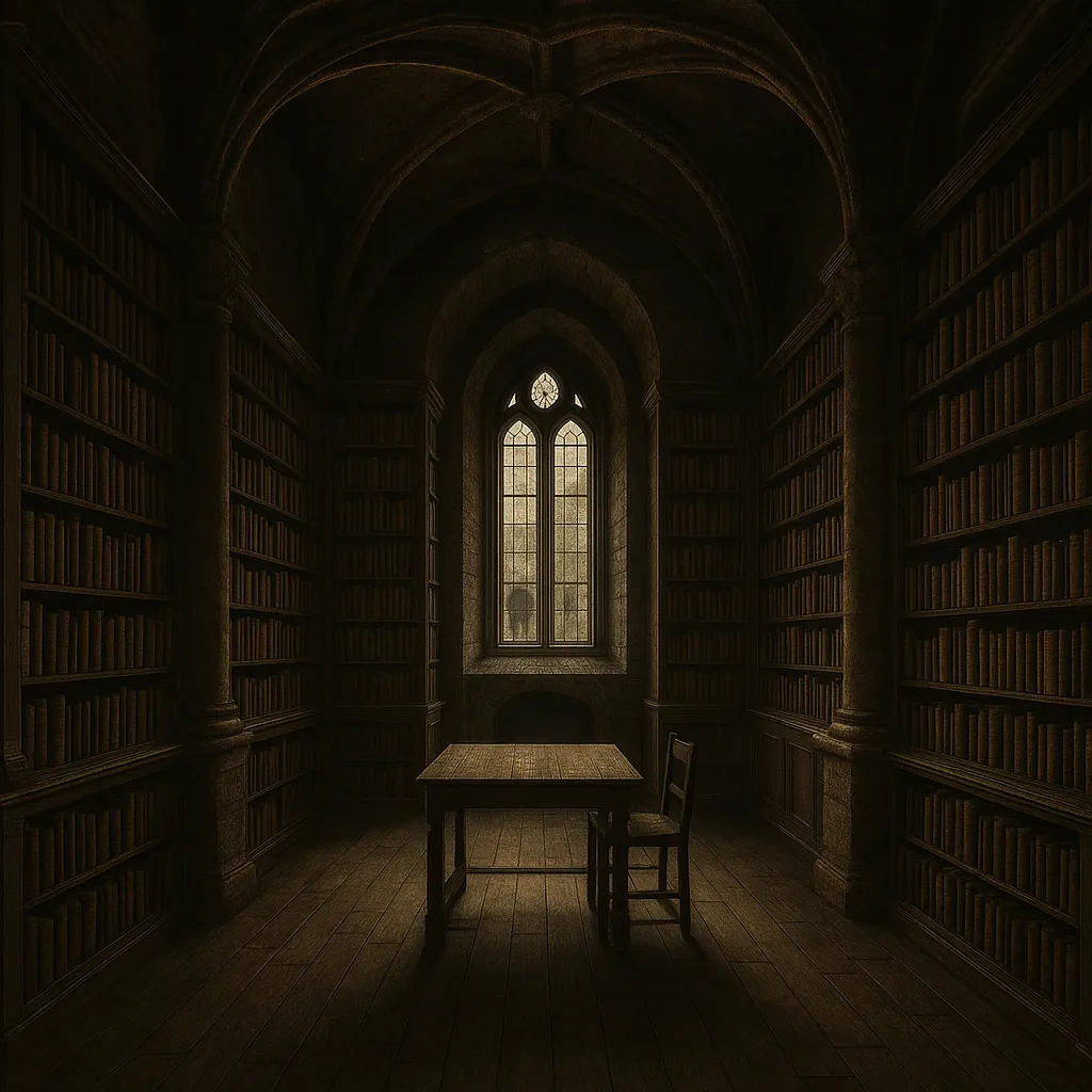 AI generated image: "Dark academia aesthetic of ancient castle library with towering bookshelves. High-quality digital artwork created with AI image generation.