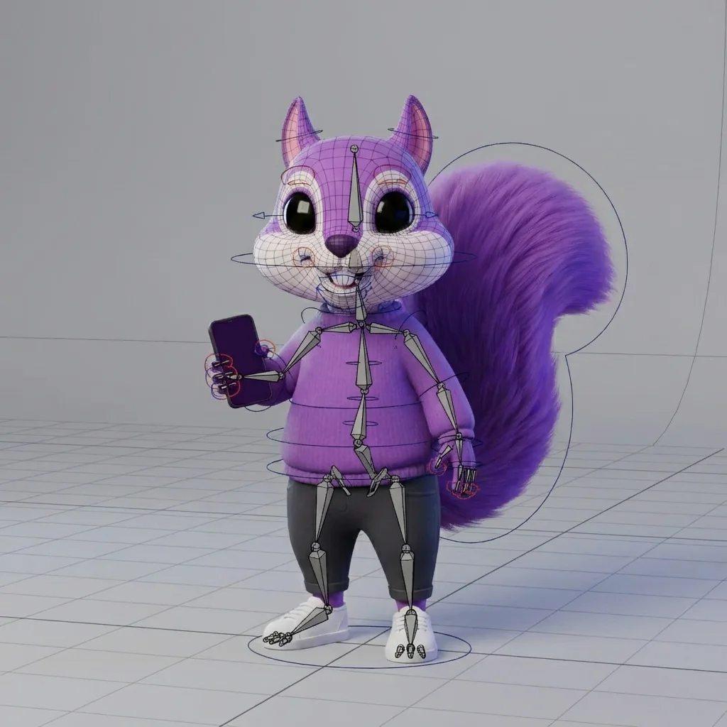 Después: Mascota de ardilla en 3D → vista de modelado con esqueleto y controles de rig sobre el personaje