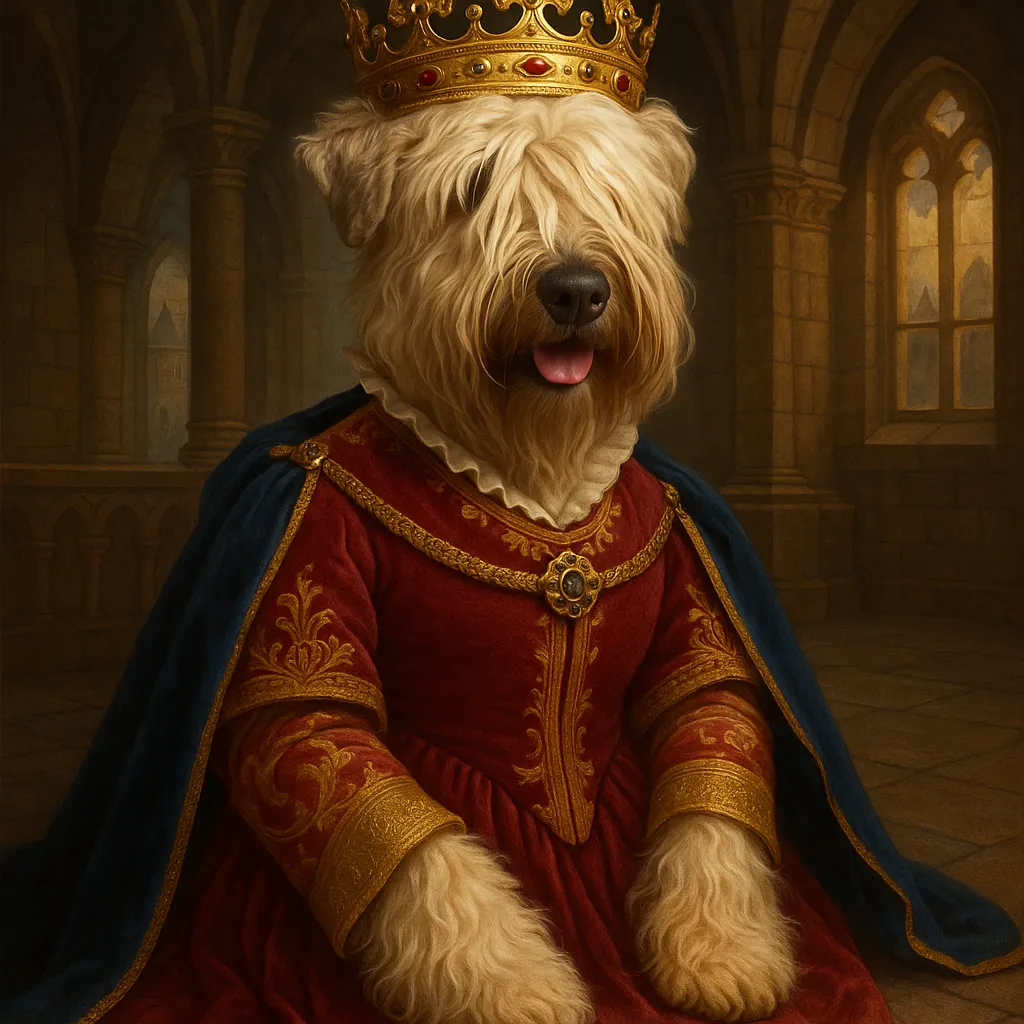 Dress the dog in this photo as a queen in a castle.