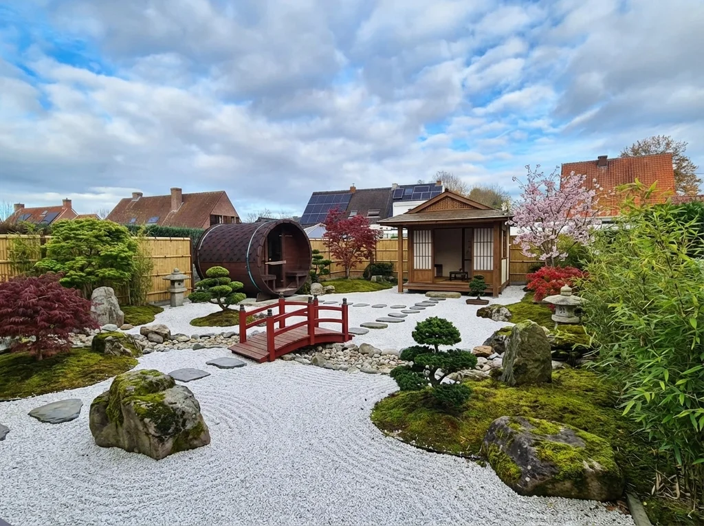 After: Dug-up back garden → Japanese zen garden with raked gravel, stones, a bridge and a tea house