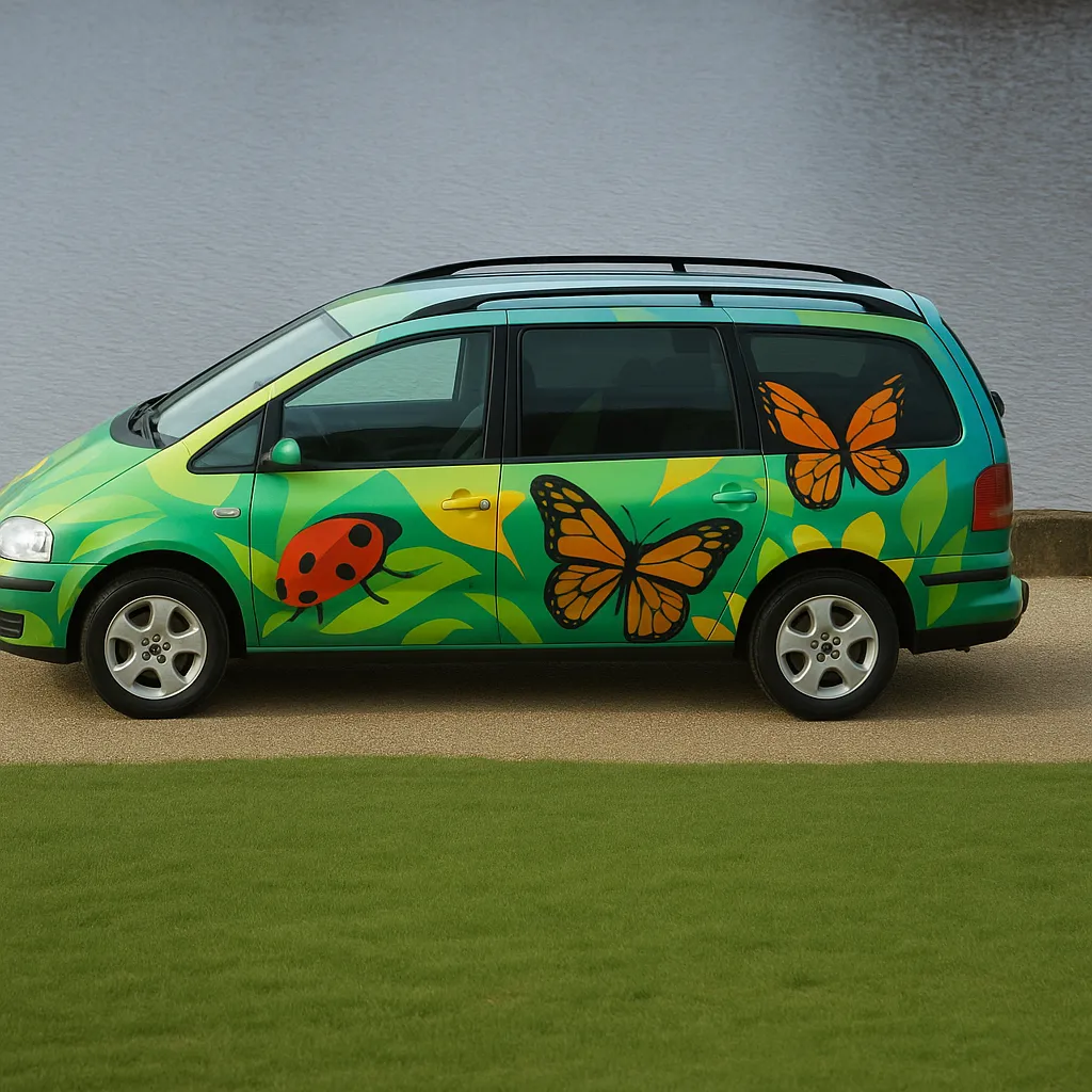 After: Silver minivan → green ladybird and butterfly wrap