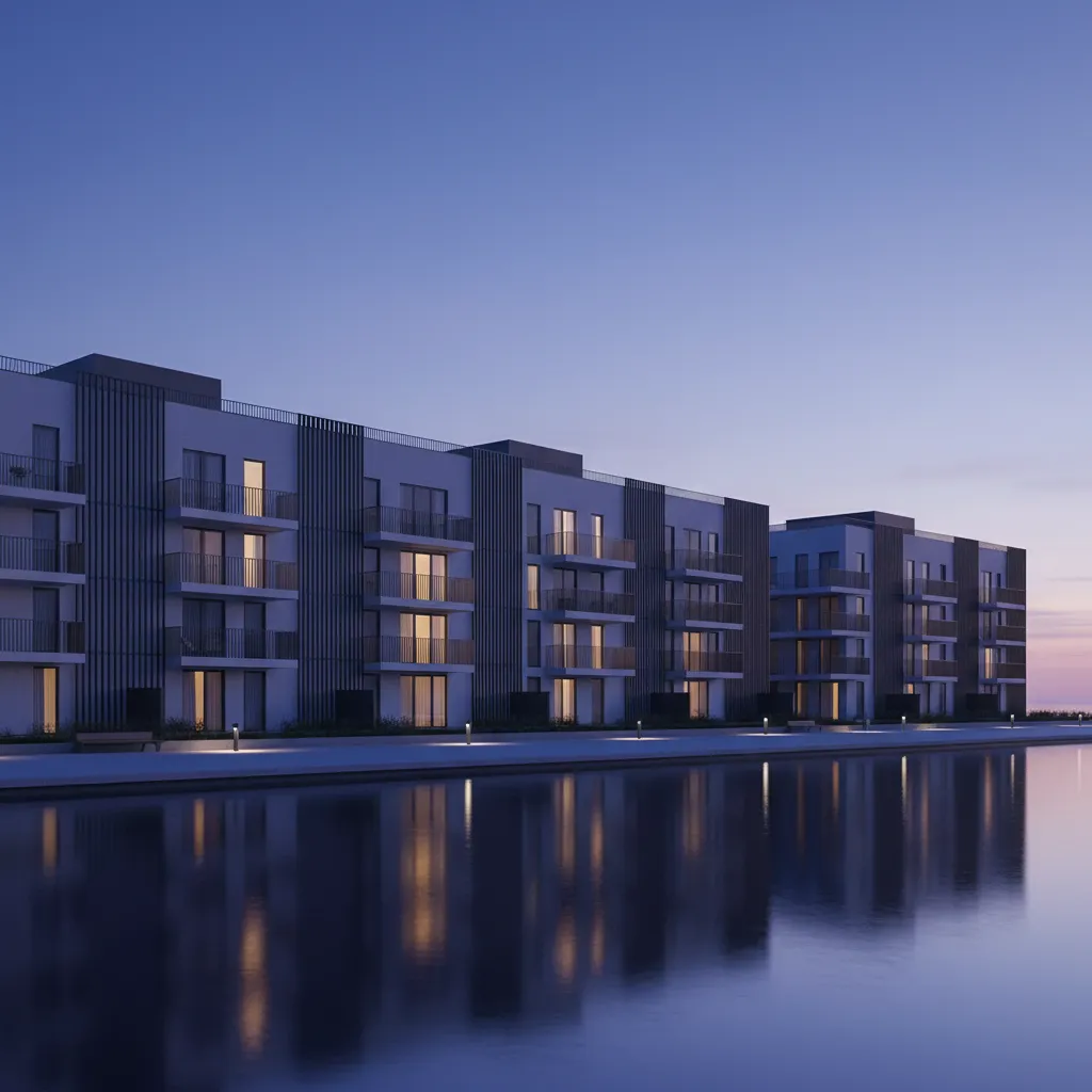 waterfront housing visualization at blue hour, rhythmic façade with slender mullions, warm interior glow, water reflections, high detail, 16:9