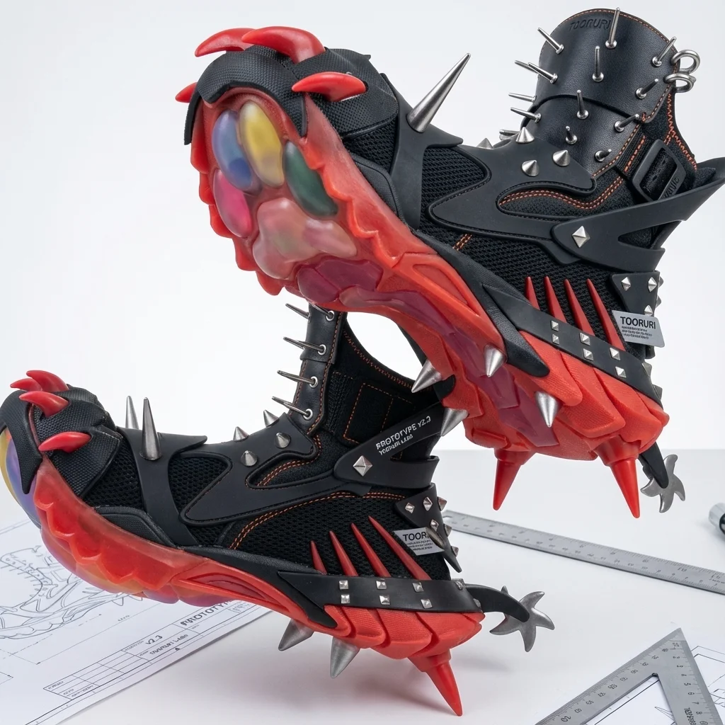 Depois: Prancha de concept art de um tênis com spikes → protótipo físico fotografado numa mesa de design