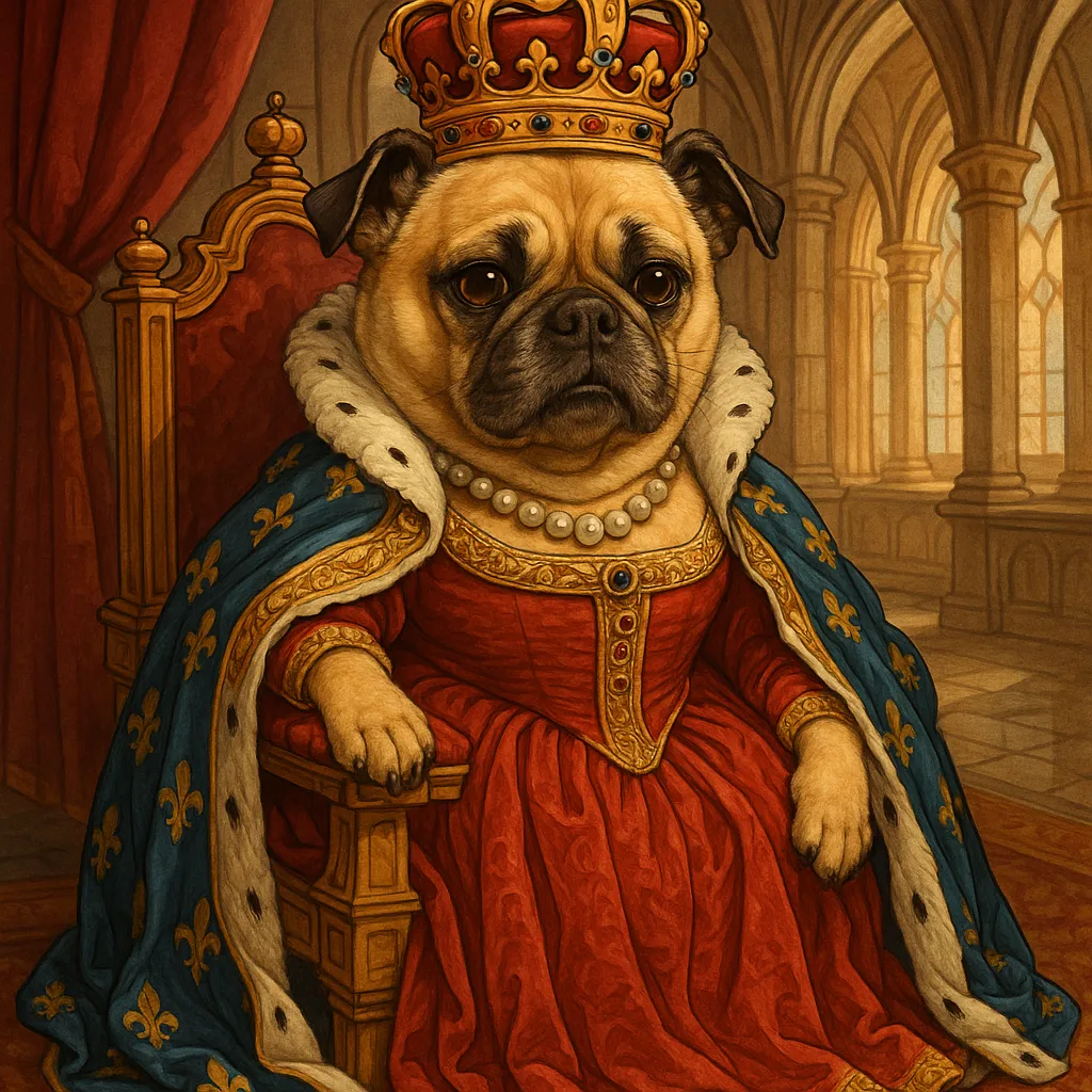 dress this dog as a queen in a royal castle in caricature style