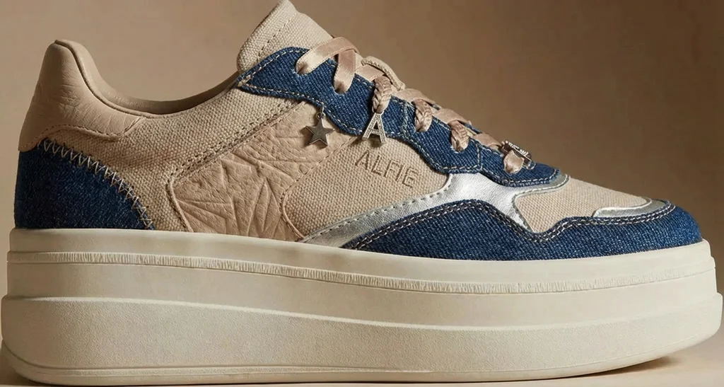 Depois: Combinação em couro com pelo → combinação com detalhes em jeans, solado e painéis fixos