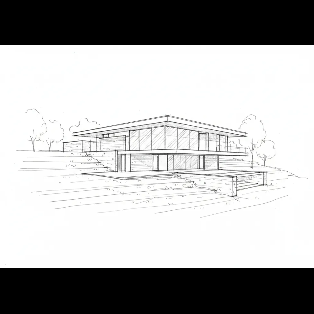 architectural concept sketch of a modern hillside house, loose graphite, planar flat roof, glass façade hatch, board-formed concrete volumes, 16:9