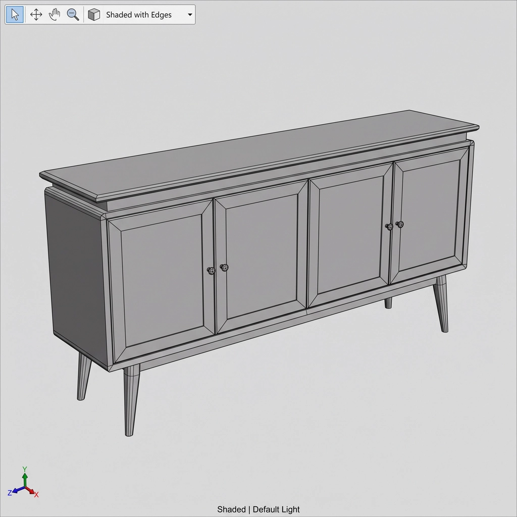Antes: Modelo CAD cinza sem textura de um aparador