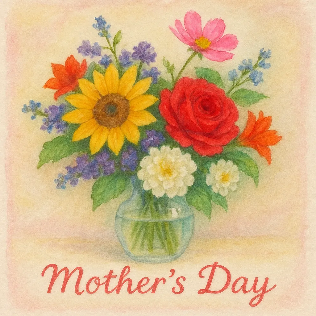AI generated image: Mother's Day bouquet in the style of a handmade greeting card, watercolor, soft pastels, heartfelt and sentimental. High-quality digital artwork created with AI image generation.