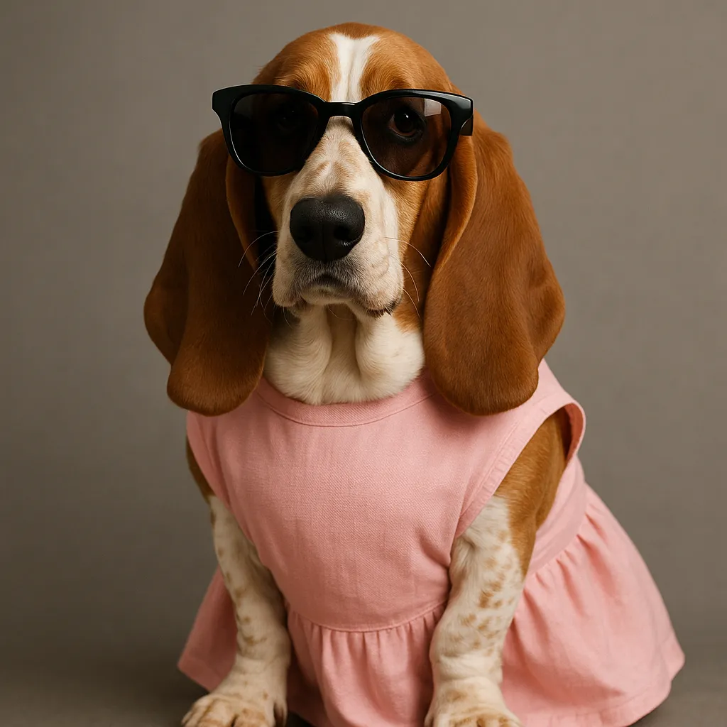 AI generated image: una perra raza  basset hound, con vestido rosa, y lentes oscuros. High-quality digital artwork created with AI image generation.