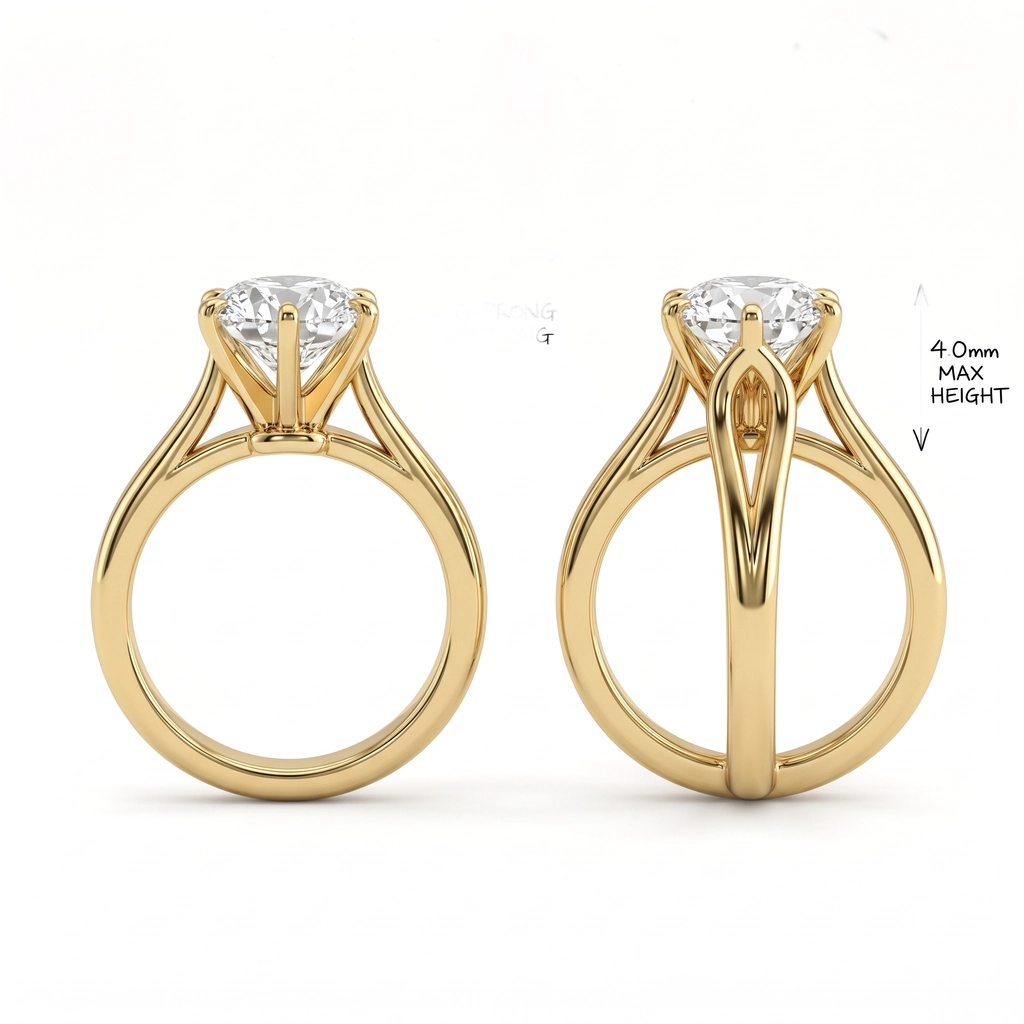 Depois: Esboço de um solitário + instrução «ouro amarelo 18k, foto de produto» → anel renderizado de frente e de lado