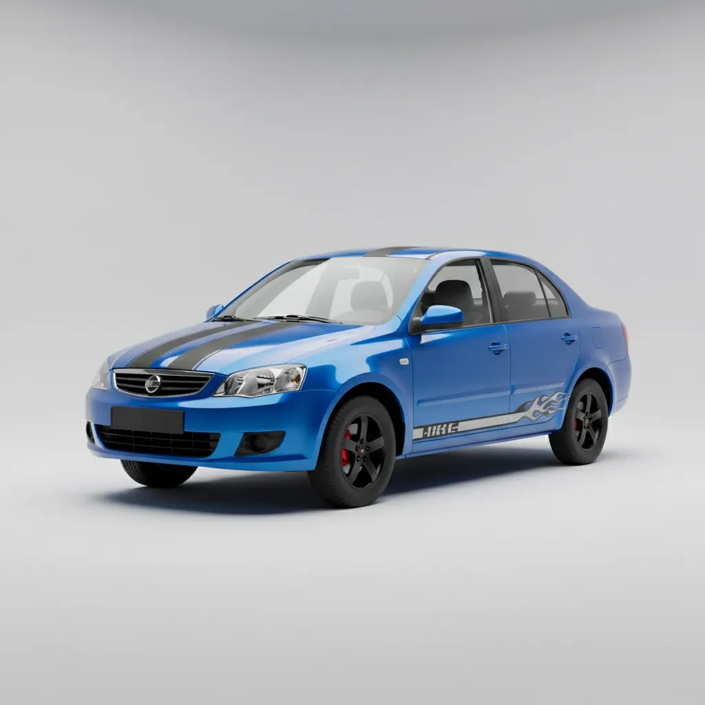 After: White sedan → metallic blue paint with racing stripes