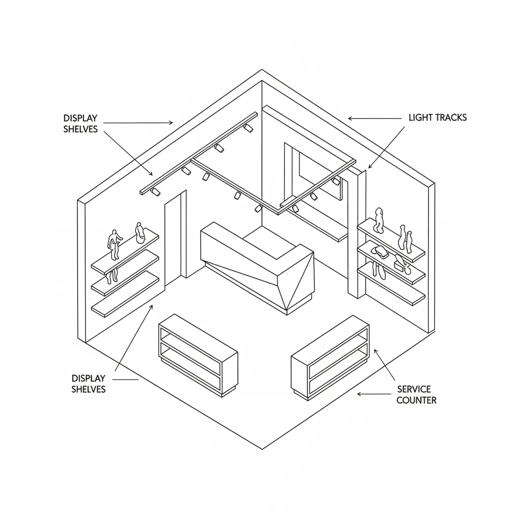 axonometric interior sketch of a boutique retail store, black ink, outlined shelving, service counter, dashed tracks, minimal shadows, no textures, 16:9