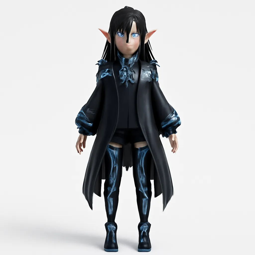Después: Ilustración de un personaje anime con abrigo → el mismo personaje como modelo 3D de cuerpo completo en pose neutra