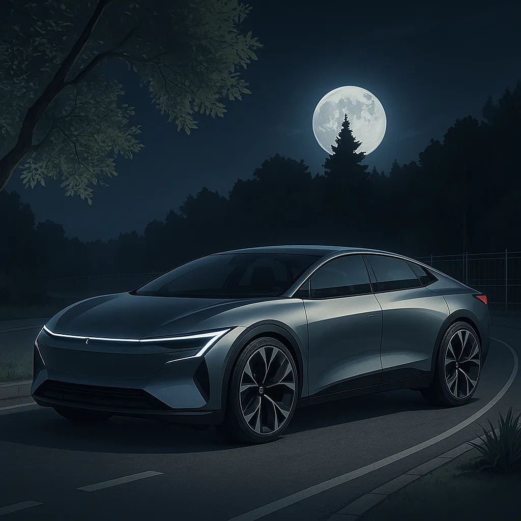 After: Night photo of an empty road → electric saloon concept placed on that road under the moon