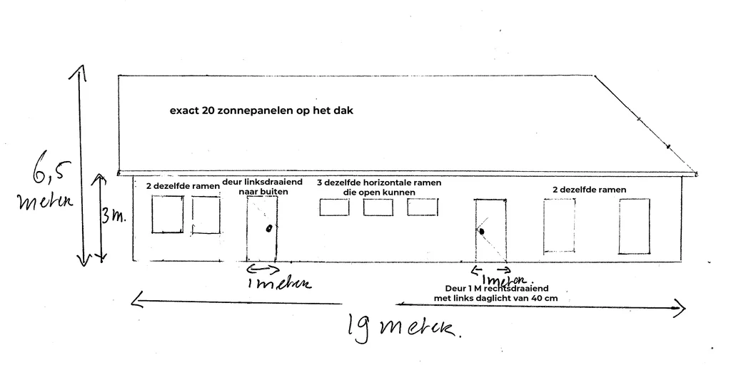 Antes: Alzado a mano de una casa de 19 × 6.5 m con anotaciones