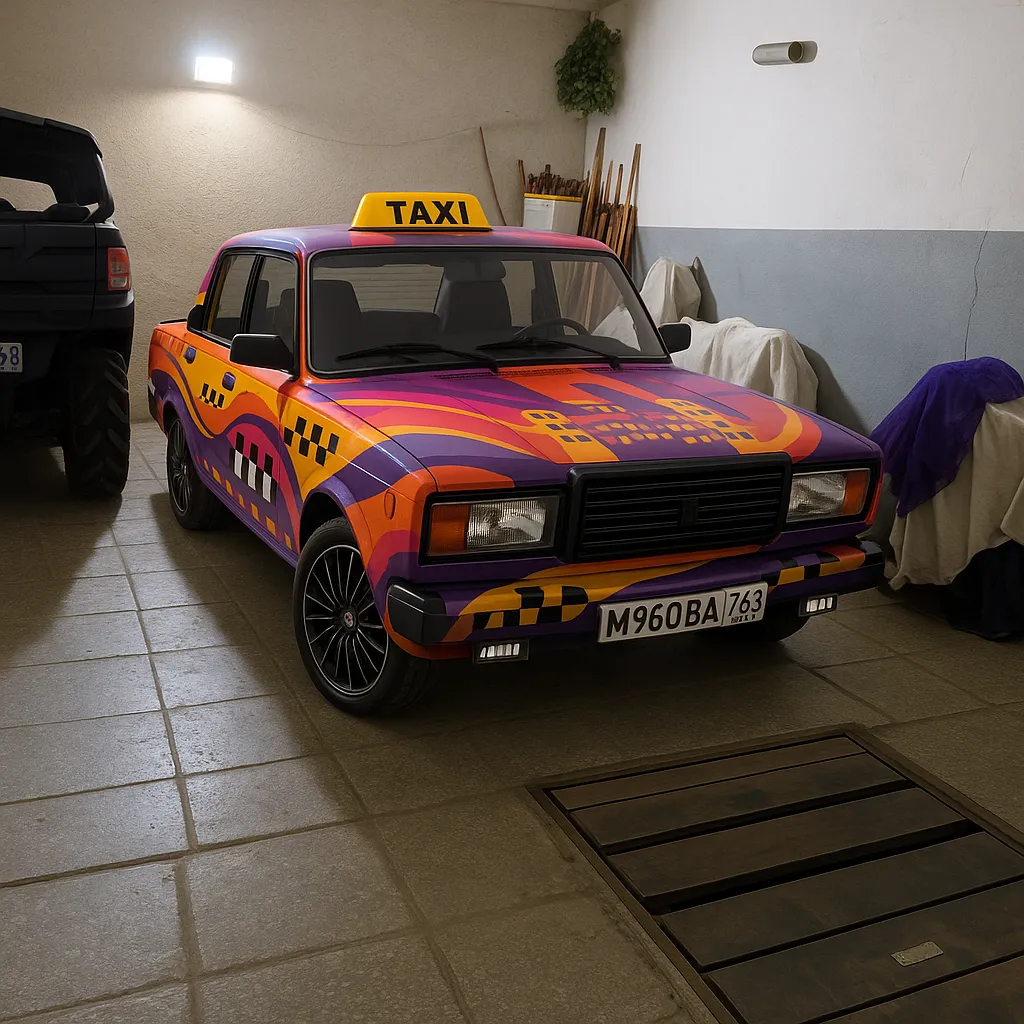 After: Old sedan in a garage → checkered taxi-style wrap