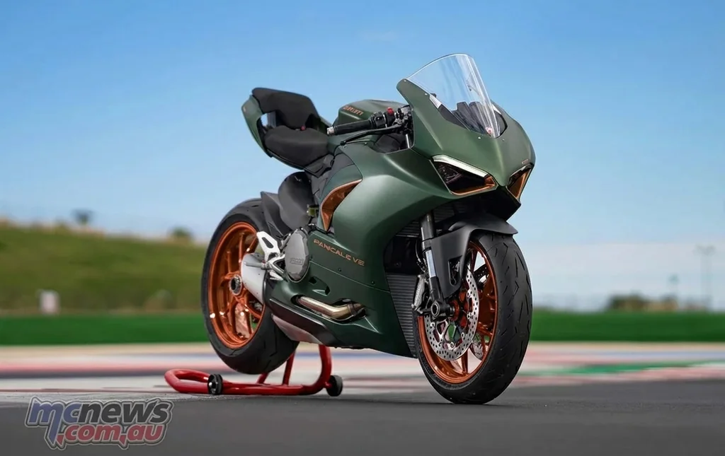 After: White sportbike → matte pine-green metallic wrap with copper accents