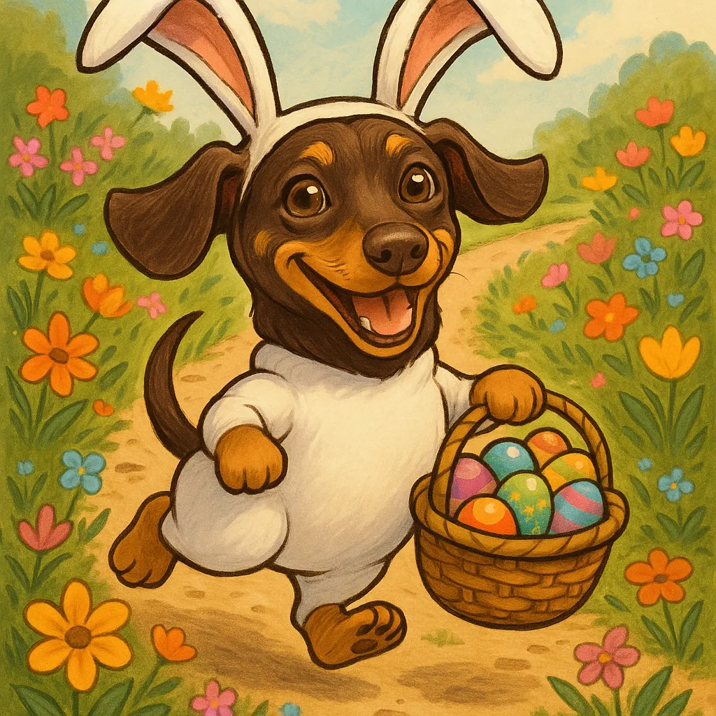 dress this dog as a bunny happily hopping down the a flowered path carrying a basket of Easter eggs in caricature style