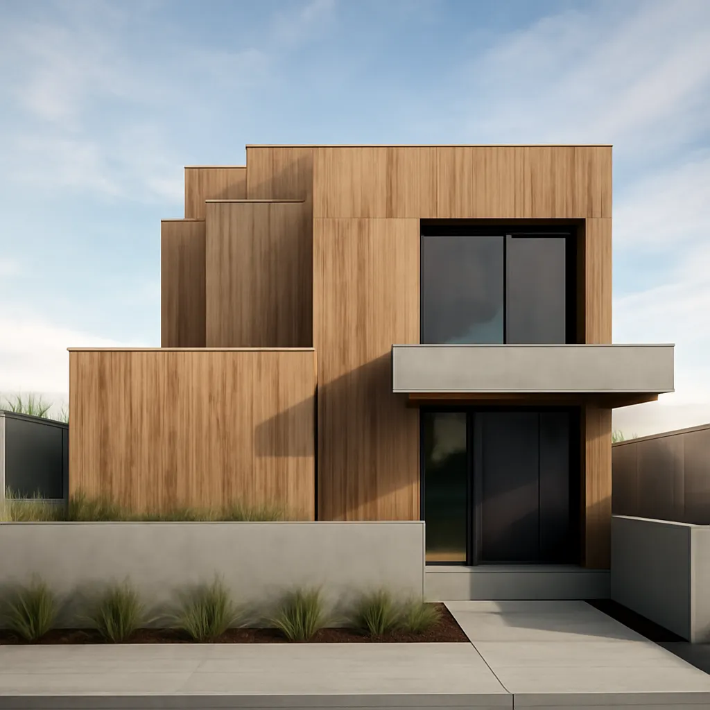 Después: Volumetría sin texturas → fachada revestida de madera con volado de concreto