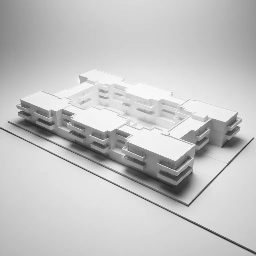 white foam massing model of mid-rise waterfront housing, carved courtyards, minimal balconies, studio backdrop, soft shadow box, 16:9, overhead three-quarter