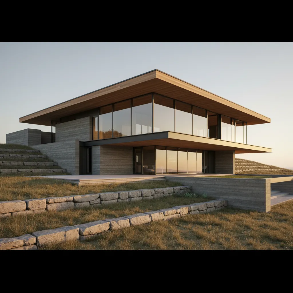 modern hillside house exterior, full-height glass façade with slender mullions, board-formed concrete, warm timber soffits, golden-hour light, 28–35mm, 16:9
