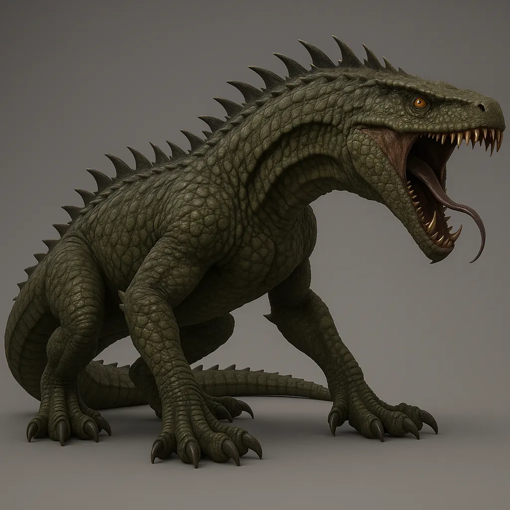 Después: Dibujo de una criatura tipo cocodrilo sobre papel → criatura 3D renderizada con escamas y volumen