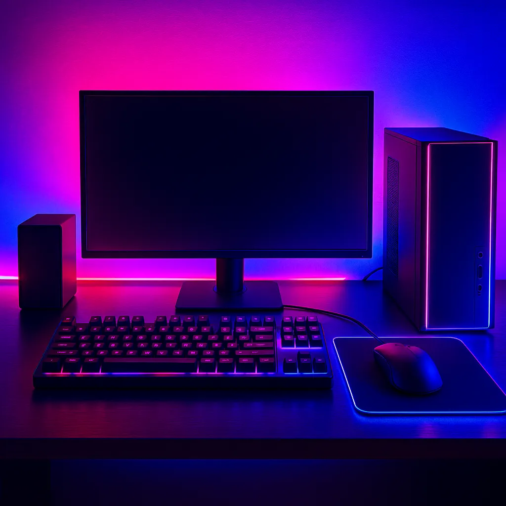 "Cyberpunk gaming station battlestation with neon lighting