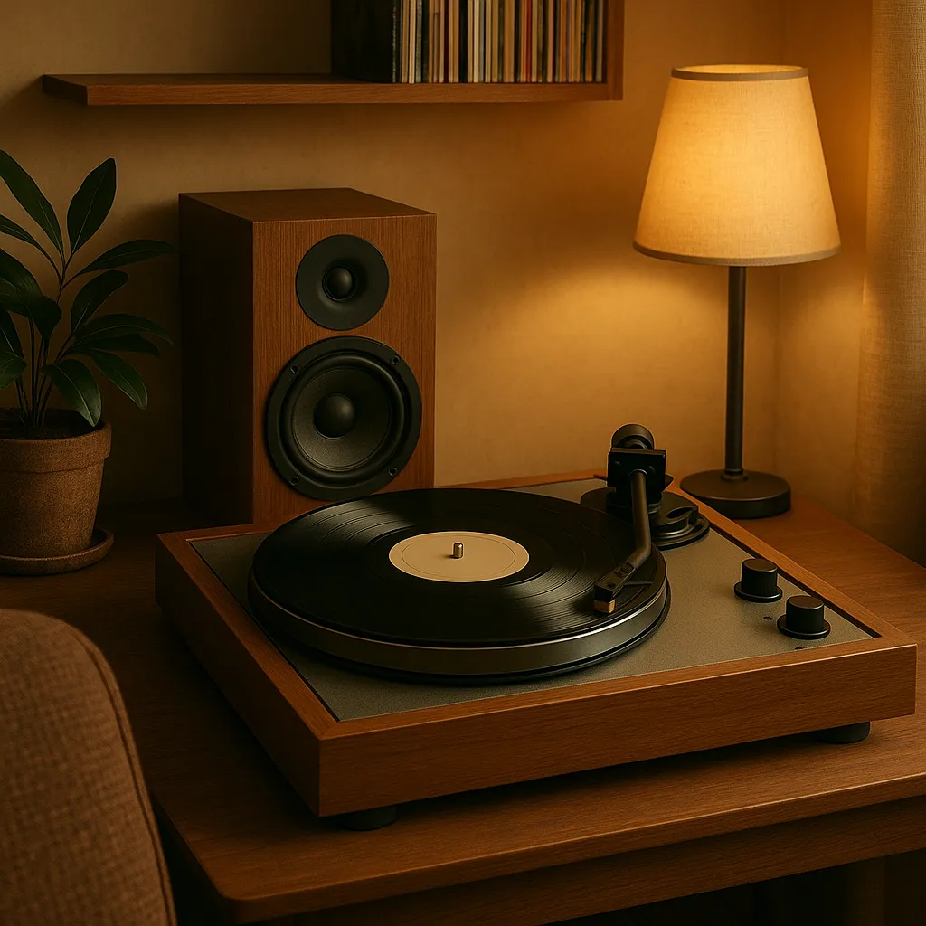 "Vinyl setup in cozy listening room