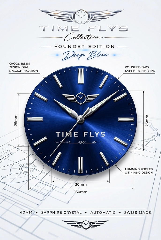 Después: Póster de lanzamiento de un reloj con correa de malla azul → lámina frontal de la carátula con medidas y especificaciones