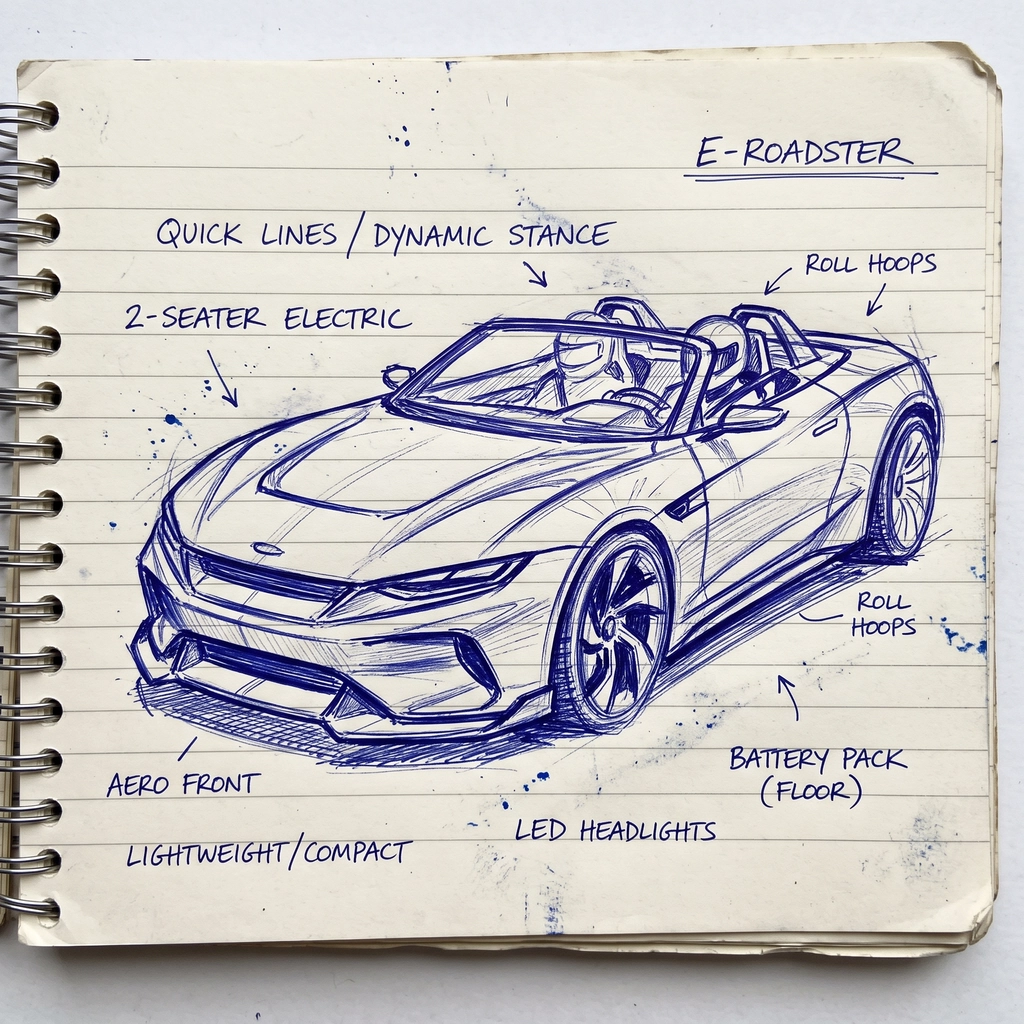 Before: Ballpoint roadster sketch in a notebook