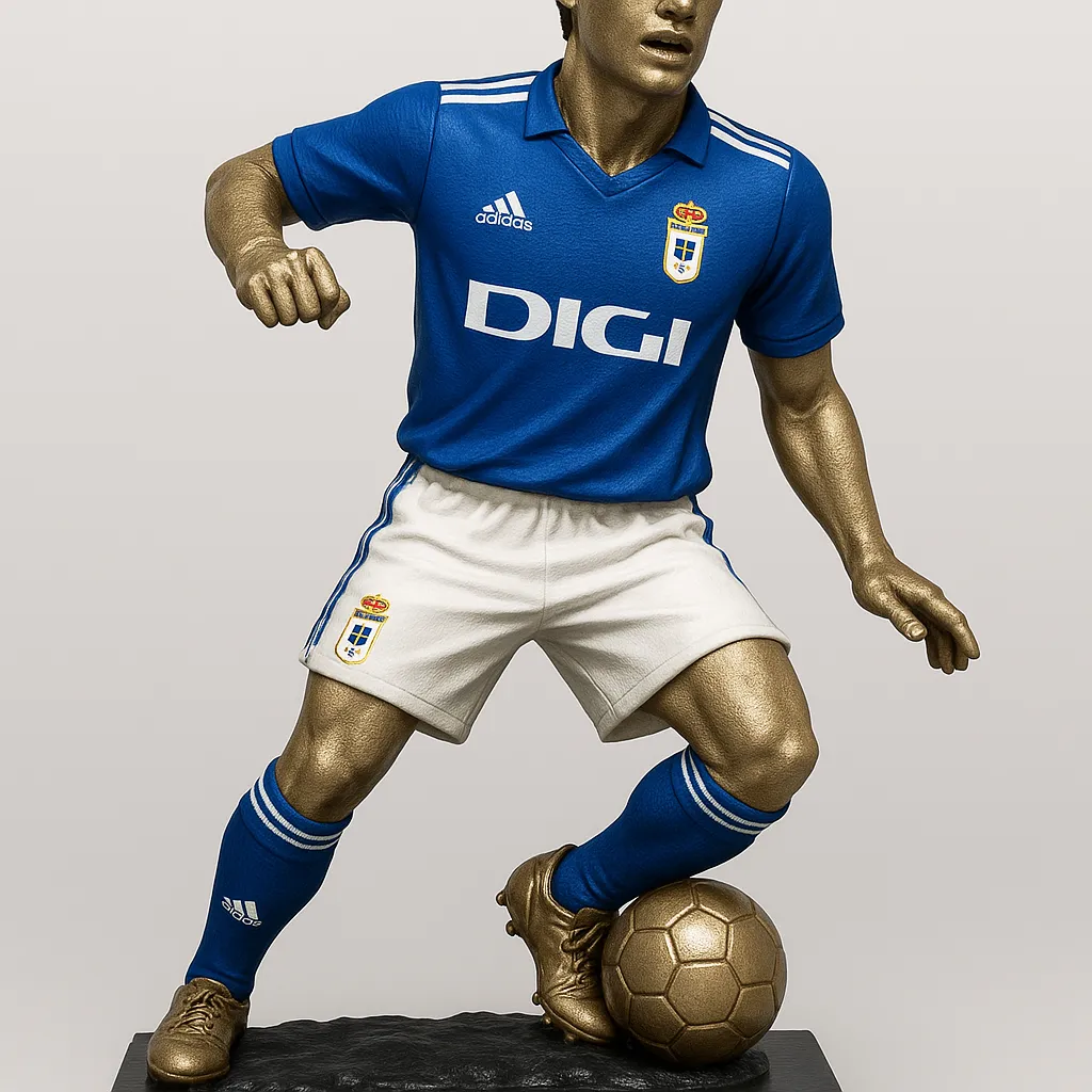 AI generated image: Ponle el uniforme actual del Real Oviedo, con la publicidad de DIGI, pantalón blanco y medias azules. High-quality digital artwork created with AI image generation.