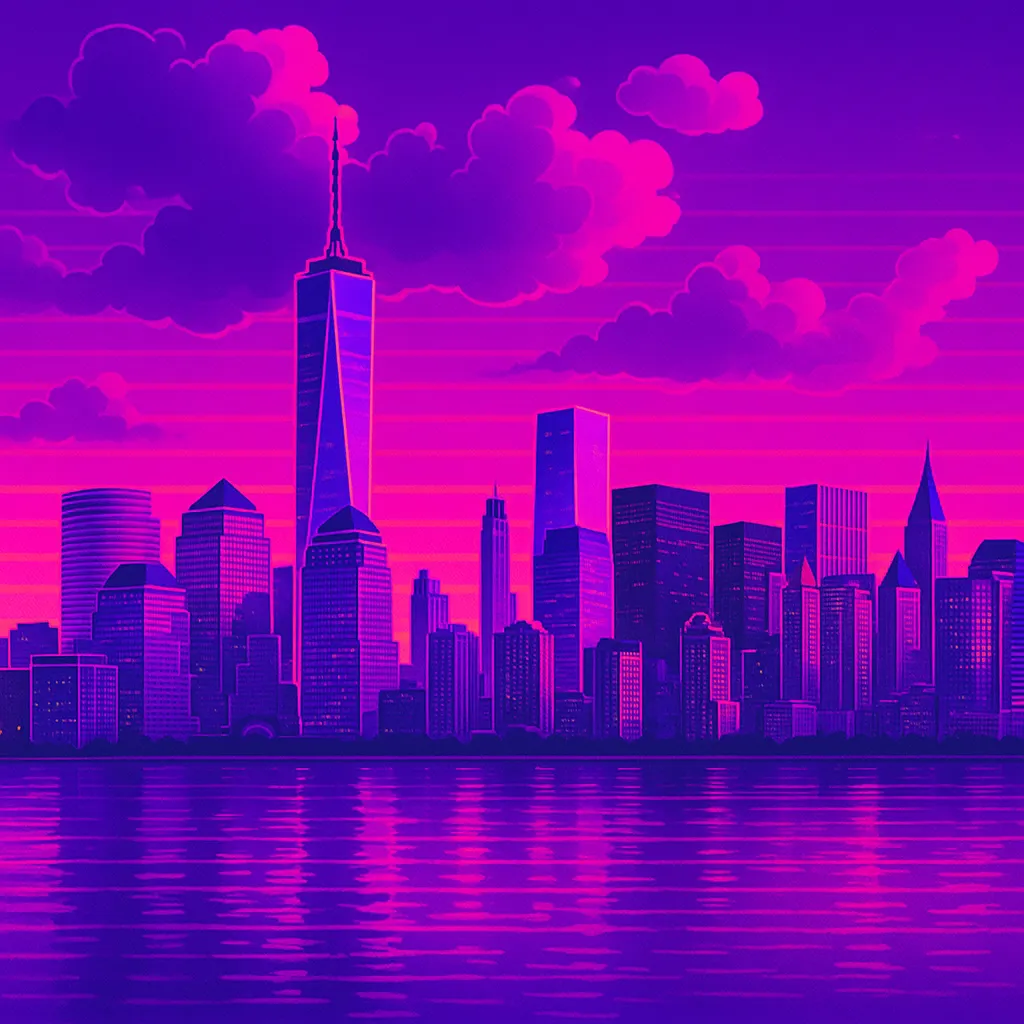 Vaporwave aesthetic of city skyline at sunset, neon pink and purple gradient sky, retro 80s digital art style
