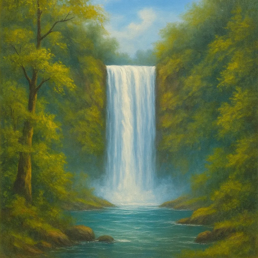 AI generated image: "Bob Ross style landscape painting of serene waterfall in forest. High-quality digital artwork created with AI image generation.
