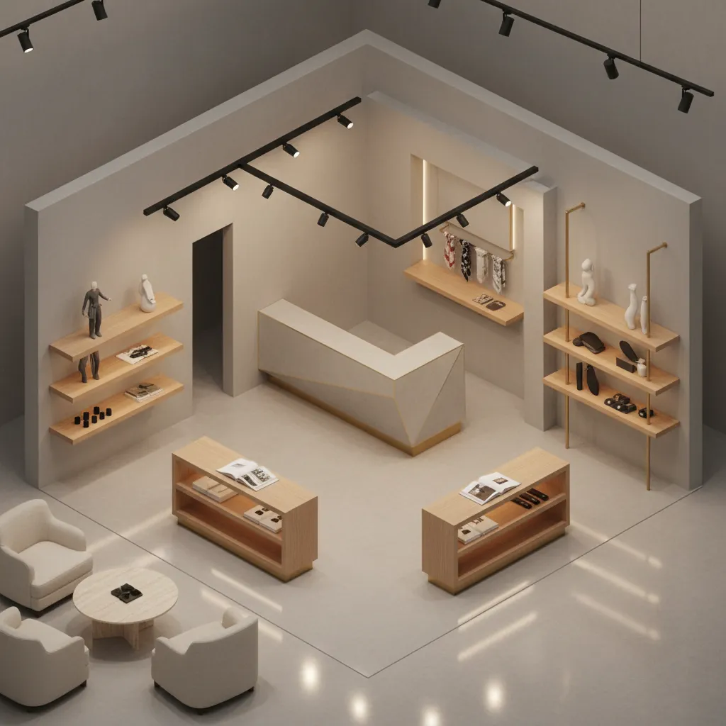 boutique retail interior visualization, warm layered lighting (3000K spots + soft ambient), pale oak shelving, brass accents, linen seating, neutral plaster, clean reflections, 16:9