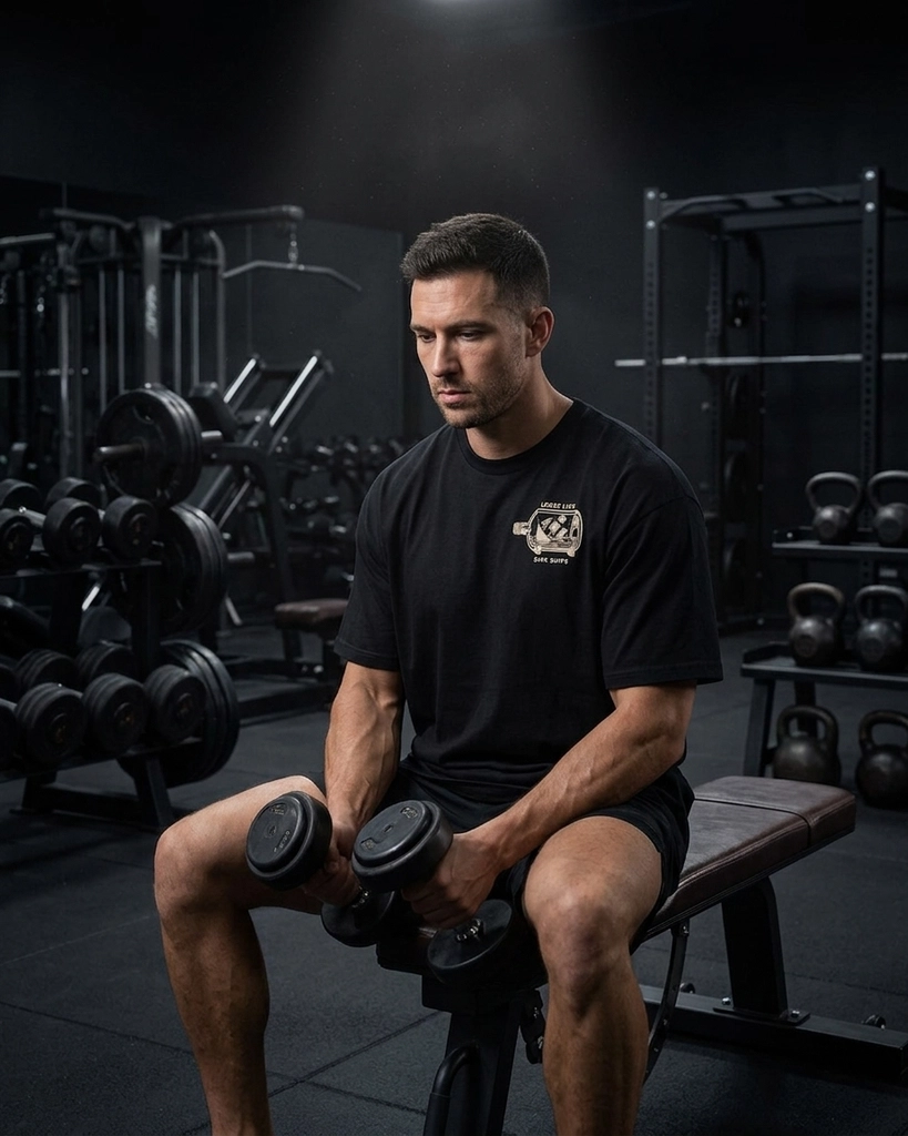 Depois: Camiseta de marca fitness no branco → modelo vestindo numa academia escura, logo do peito intacto