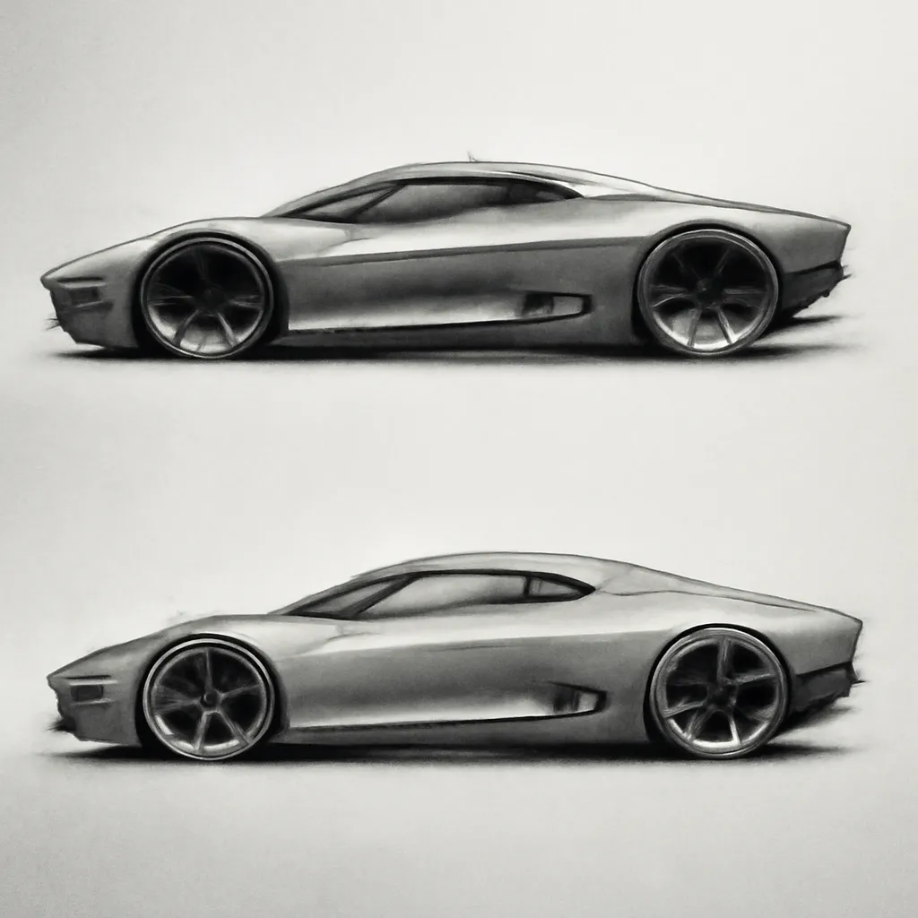 After: Two pencil side views of a GT coupe → shaded silver concept renders with the same lines